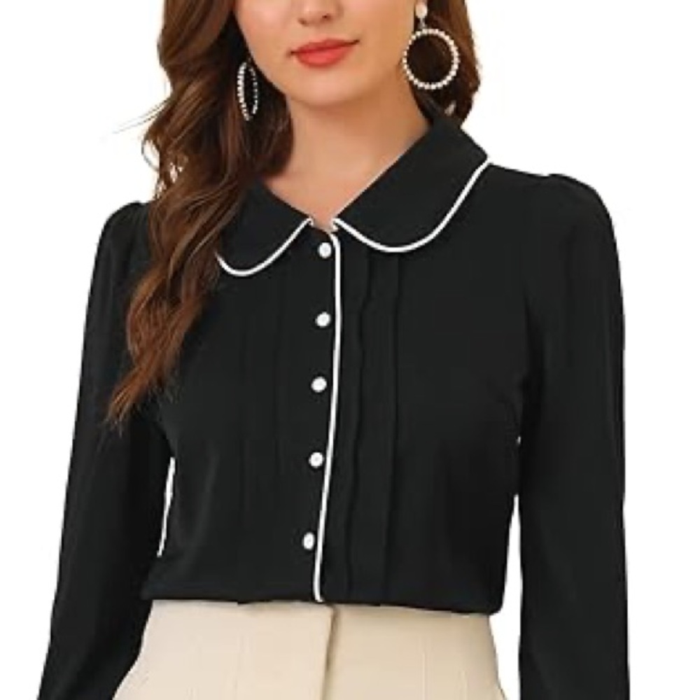 Allegra K Black Button Down Shirt with White Trim
